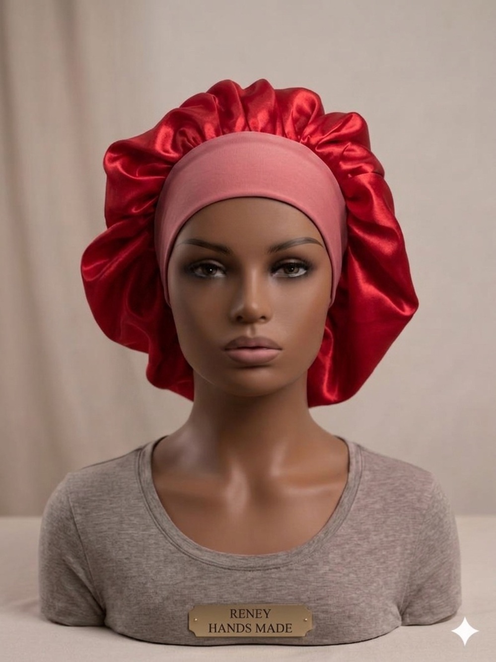 Red Satin Bonnet with Pink Band